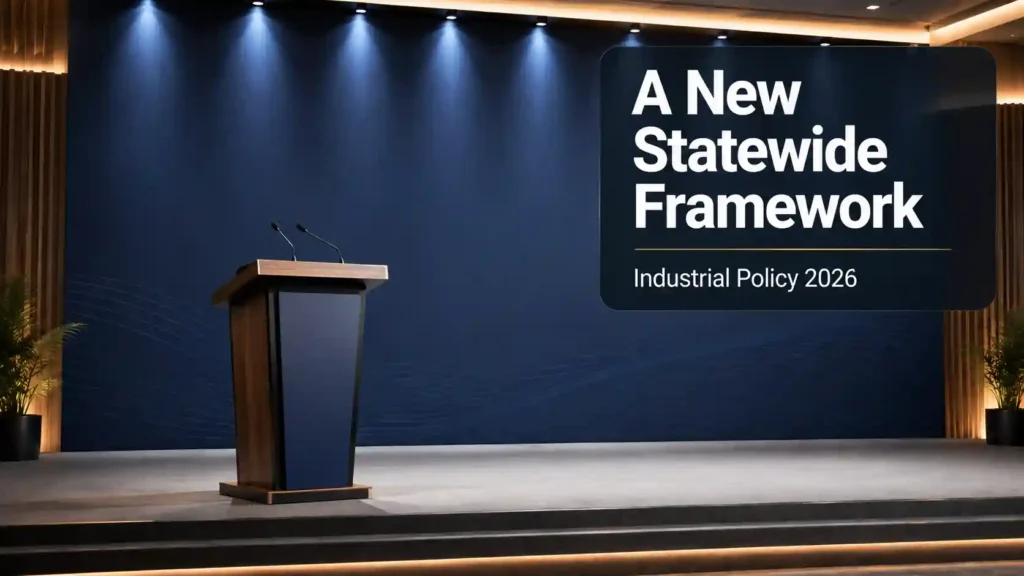 Generic formal policy-launch stage setting, representing Haryana's Make in Haryana Industrial Policy 2026 launch