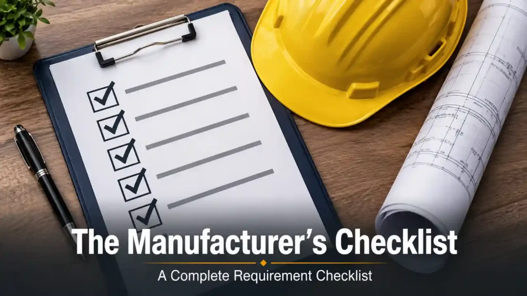 Checklist, hard hat, and site plan on a desk, representing a manufacturer's factory land requirement checklist