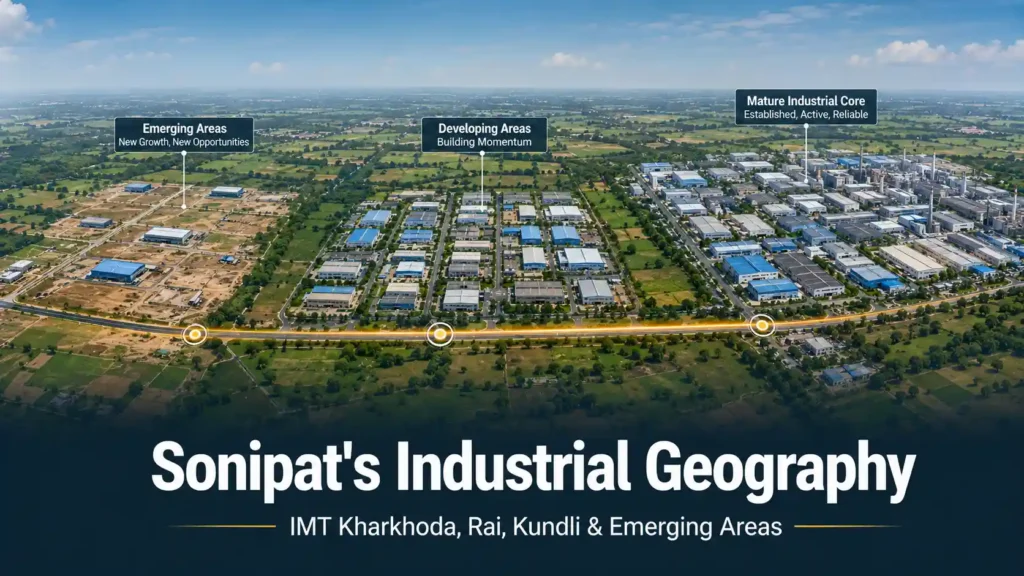 Stylised map showing three industrial clusters of varying maturity connected along one highway, representing Sonipat's industrial geography
