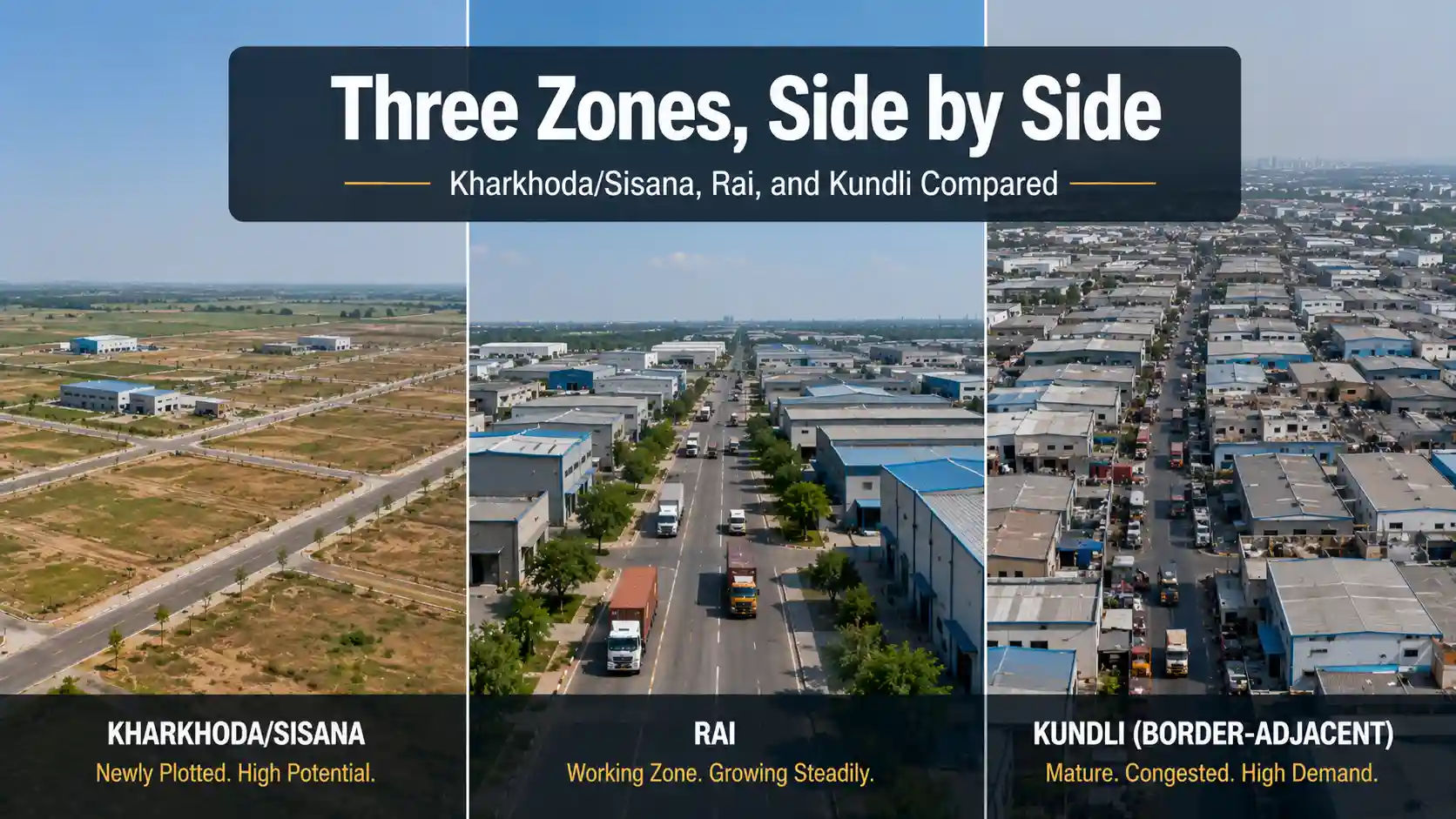Three-panel comparison of a new, an established, and a mature industrial zone, representing Sonipat's three main industrial areas