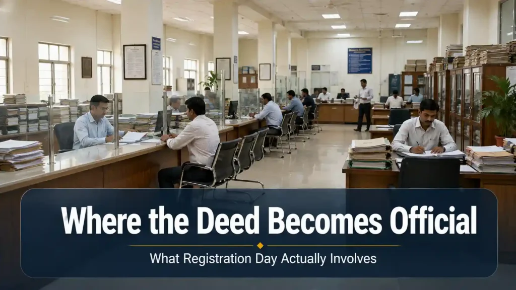 Formal government office interior representing the Sub-Registrar's office where industrial plot registration is executed in Haryana