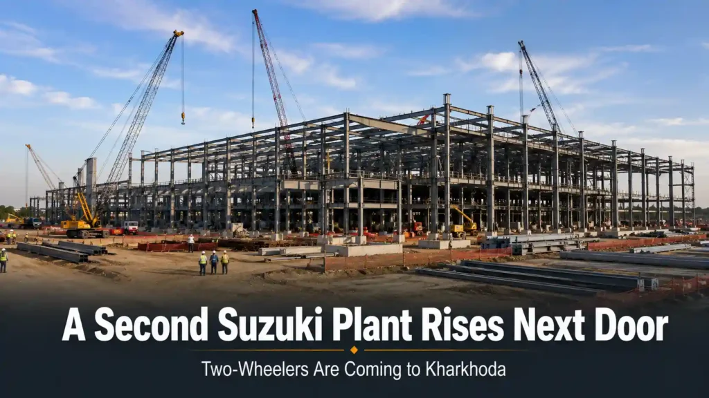 Large-scale industrial construction site with structural steel framing on an open plot, representing Suzuki Motorcycle India's under-construction two-wheeler plant beside the Maruti Suzuki Kharkhoda facility