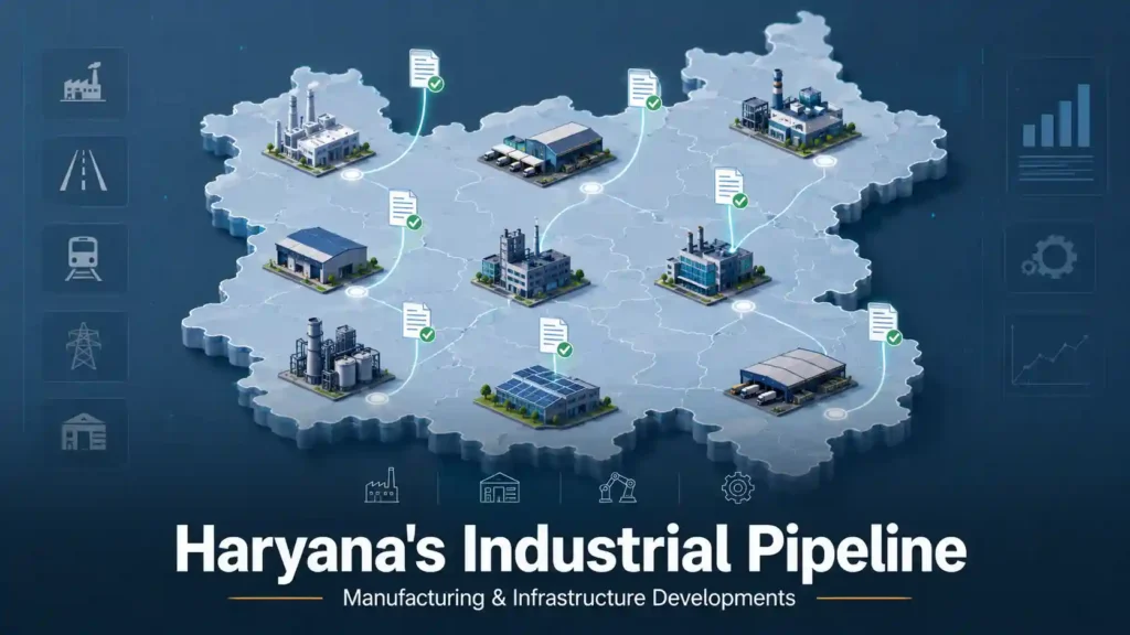 Dashboard-style illustration of tracked industrial facility icons across a state outline, representing Haryana's verified industrial project tracker