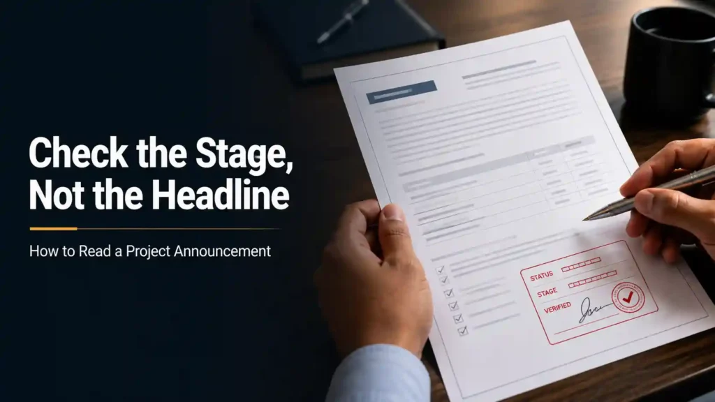 Document being reviewed with a status marker, representing how to verify the stage of a Haryana industrial project announcement