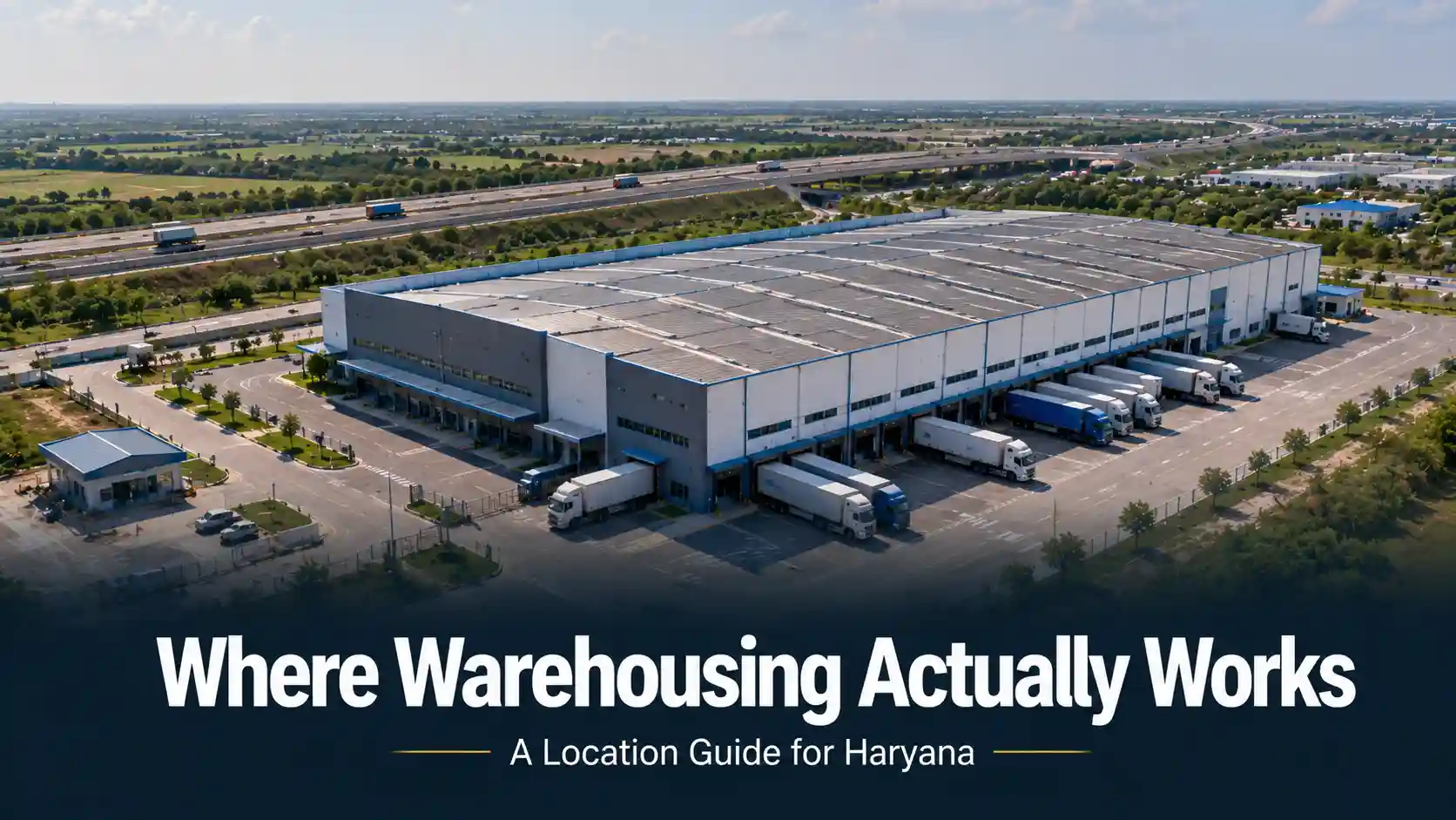 Modern warehouse facility with loading docks and an expressway in the background, representing warehouse investment in Haryana