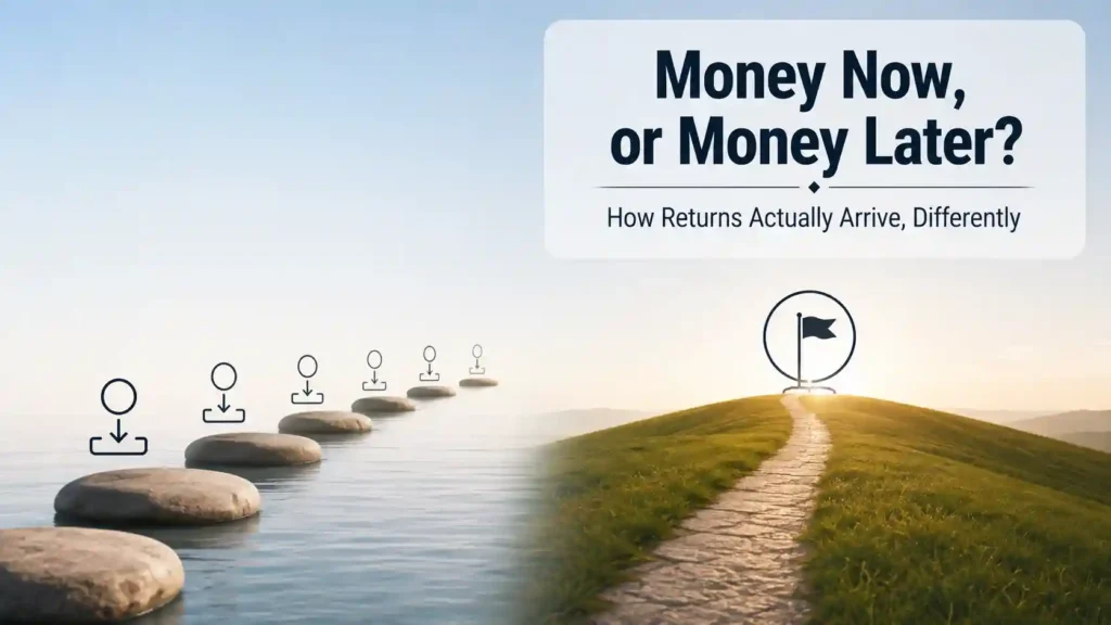 Conceptual image contrasting steady rental income with long-term land appreciation as two different investment return shapes
