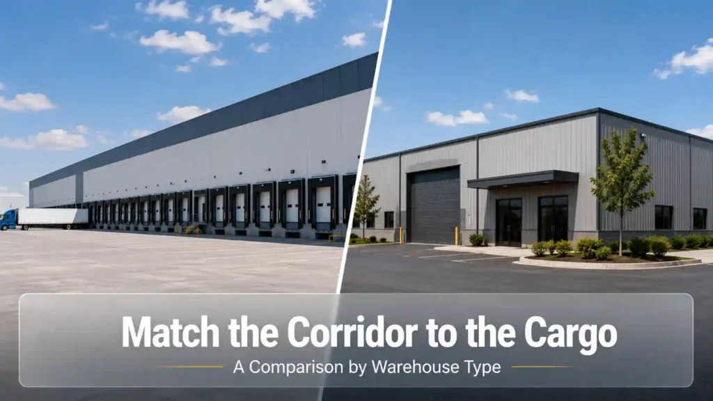 Split scene of a large distribution warehouse and a smaller flexible-use unit, representing different warehouse investment profiles in Haryana
