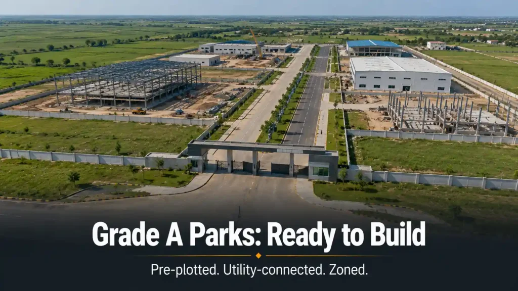 Aerial view of a Grade A industrial park in Haryana with internal roads and factory buildings